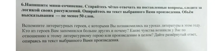 Напишите мини-сочинение. Вспомните литературных героев, с которыми Вы познакомились на уроках литературы в этом году. Кто из героев Вам запомнился больше других и почему? Какие чувства возникли у Вас по отношению к этому литературному герою или произведению в целом? Дайте развёрнутый ответ, опираясь на текст выбранного Вами произведения.