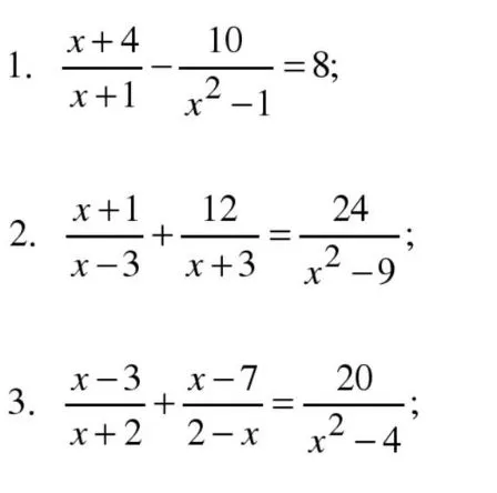 Решите уравнения: 1) (x+4)/(x+1) - 10/(x^2-1) = 8; 2) (x+1)/(x-3) + 12/(x+3) = 24/(x^2-9); 3) (x-3)/(x+2) + (x-7)/(2-x) = 20/(x^2-4)