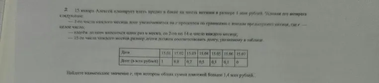 15 января Алексей планирует взять кредит в банке на шесть месяцев в размере 1 млн рублей. Найдите наименьшее значение r, при котором общая сумма платежей больше 1,2 млн рублей.