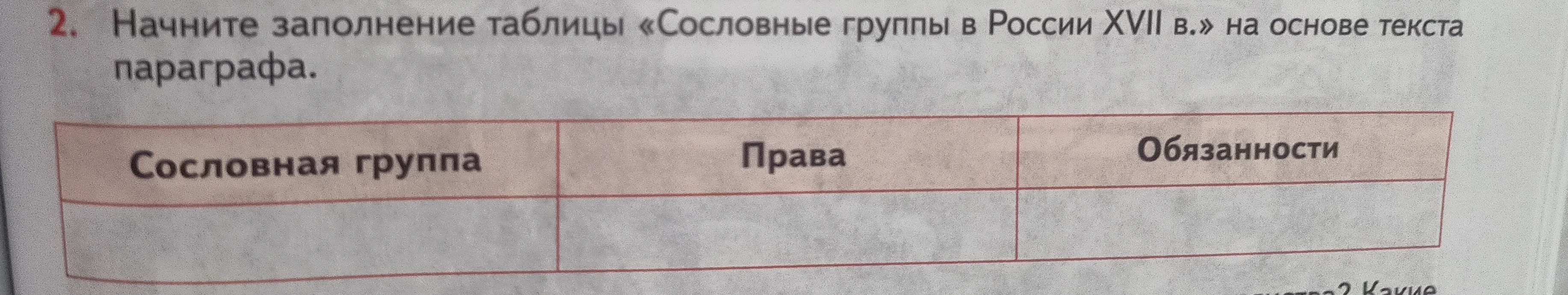 Начните заполнение таблицы «Сословные группы в России XVII в.» на основе текста параграфа.