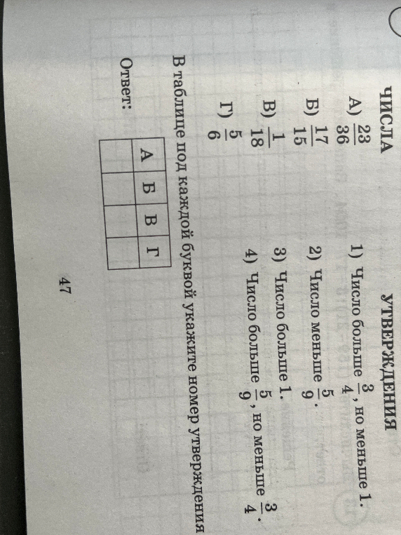 В таблице под каждой буквой укажите номер утверждения: А) 23/36, Б) 17/15, В) 1/18, Г) 5/6.