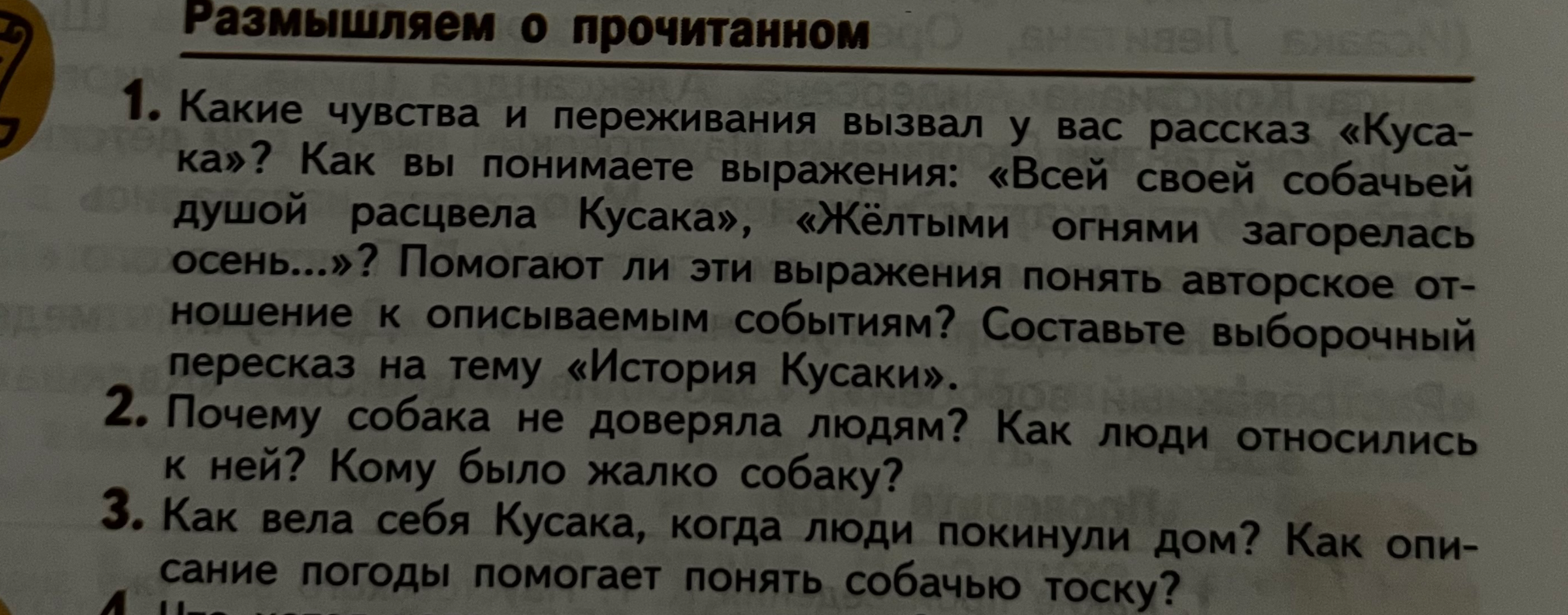 Какие чувства и переживания вызвал у вас рассказ «Кусака»? Как вы понимаете выражения: «Всей своей собачьей душой расцвела Кусака», «Жёлтыми огнями загорелась осень...»? Помогают ли эти выражения понять авторское отношение к описываемым событиям? Составьте выборочный пересказ на тему «История Кусаки».