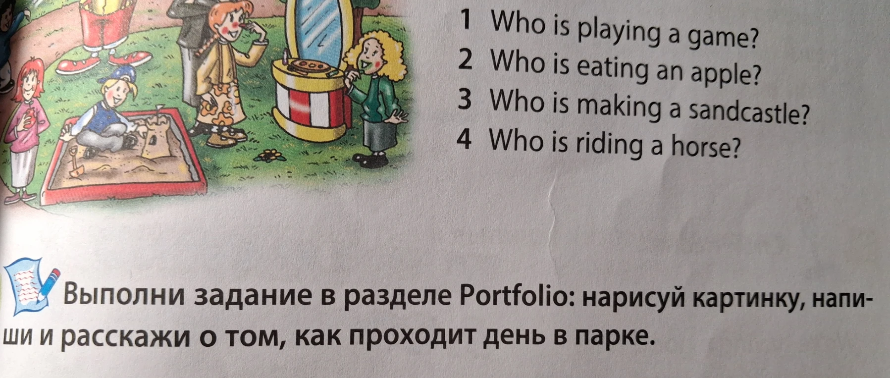 Who is playing a game? Who is eating an apple? Who is making a sandcastle? Who is riding a horse?
