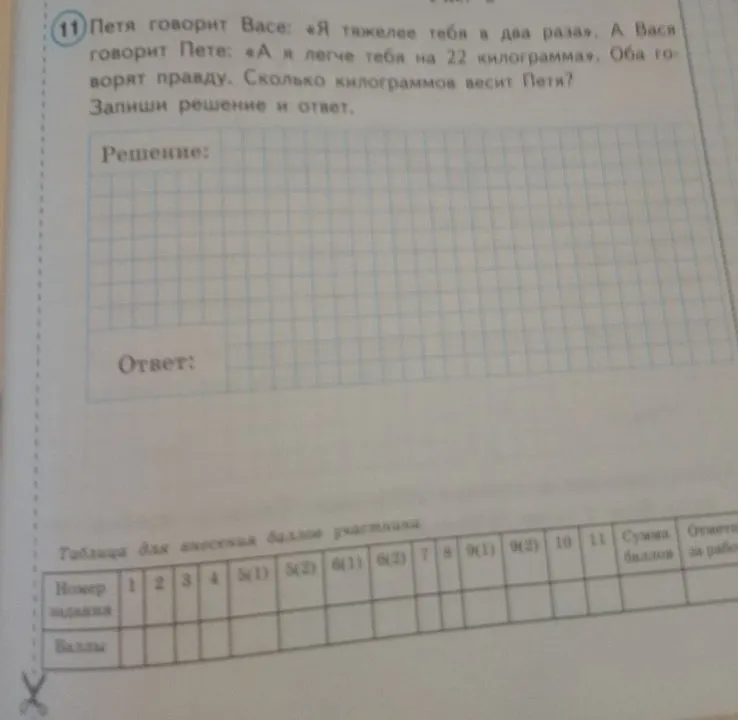 Петя говорит Васе: «Я тяжелее тебя в два раза». А Вася говорит Пете: «А я легче тебя на 22 килограмма». Оба говорят правду. Сколько килограммов весит Петя?
