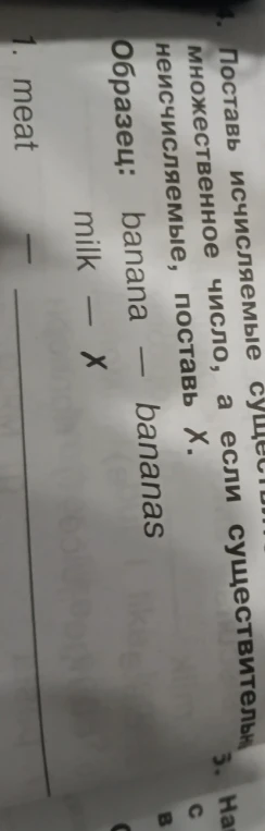 Поставь исчисляемые существительные во множественное число, а если существительное неисчисляемое, поставь X. 1. meat