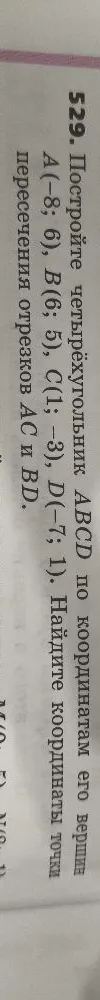 Постройте четырёхугольник ABCD по координатам его вершин A(-8; 6), B(6; 5), C(1; -3), D(-7; 1). Найдите координаты точки пересечения отрезков AC и BD.