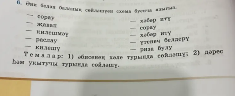 Әни белән баланың сөйләшүен схема буенча языгыз. Темалар: 1) әбисенең хәле турында сөйләшү; 2) дәрес һәм укытучы турында сөйләшү.