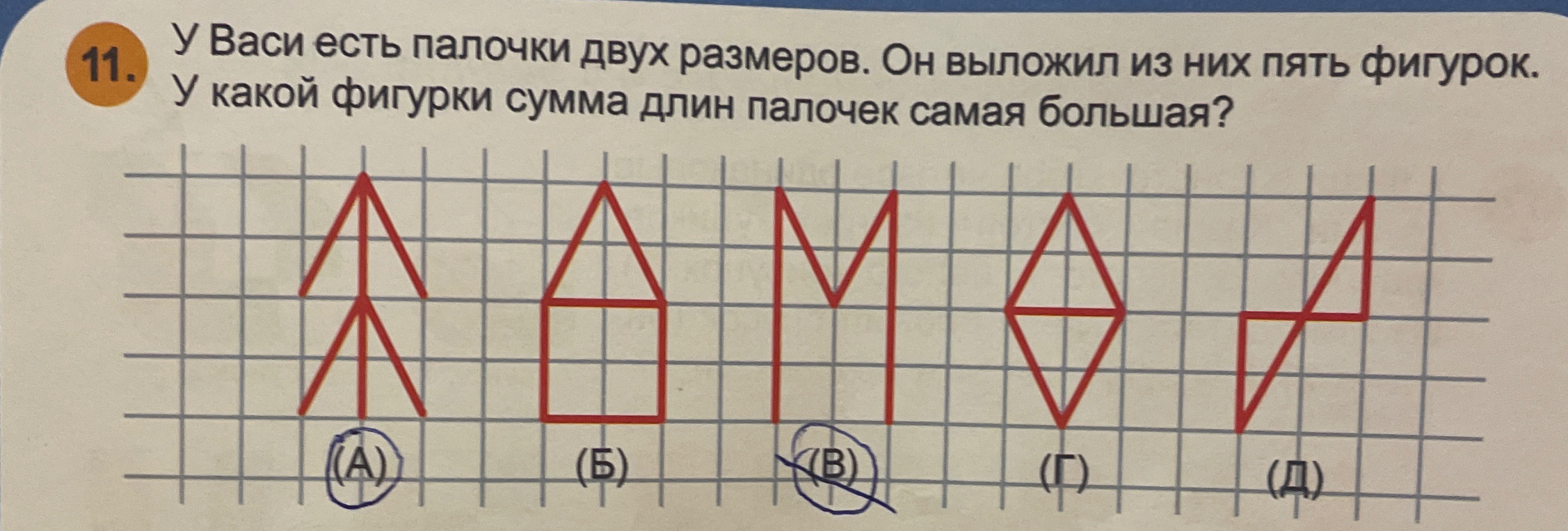 У Васи есть палочки двух размеров. Он выложил из них пять фигурок. У какой фигурки сумма длин палочек самая большая?