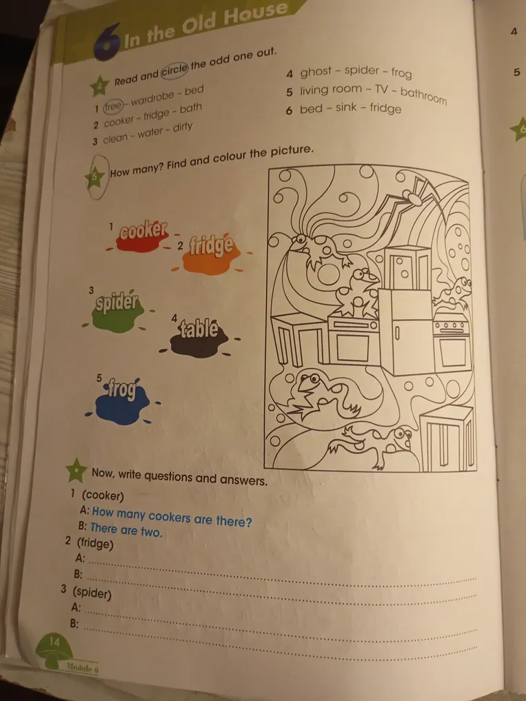 Read and circle the odd one out. How many? Find and colour the picture. Now, write questions and answers.