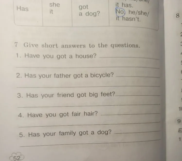 Give short answers to the questions: 1. Have you got a house? 2. Has your father got a bicycle? 3. Has your friend got big feet? 4. Have you got fair hair? 5. Has your family got a dog?