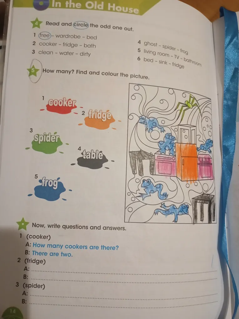 Read and circle the odd one out. How many? Find and colour the picture. Now, write questions and answers.