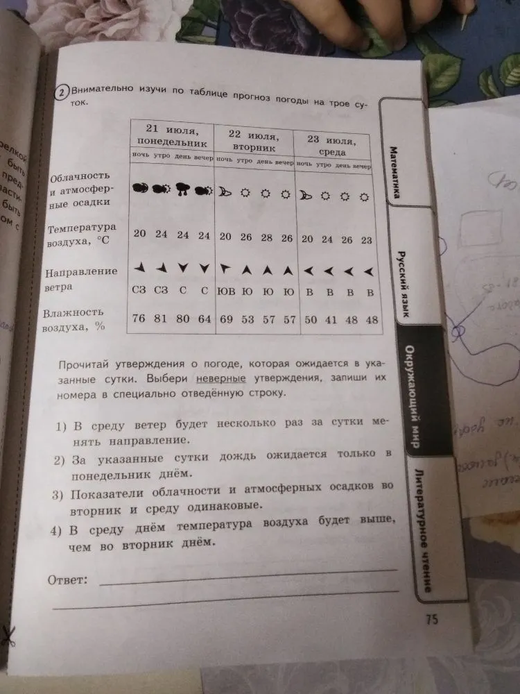 Внимательно изучи по таблице прогноз погоды на трое суток. Выбери неверные утверждения.