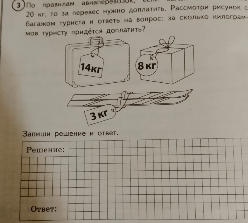 По правилам авиаперевозок, если багаж больше 20 кг, то за перевес нужно доплатить. Рассмотри рисунок с багажом туриста и ответь на вопрос: за сколько килограммов туристу придётся доплатить?