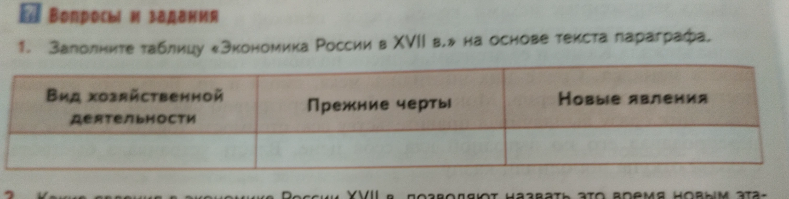 Заполните таблицу «Экономика России в XVII в.» на основе текста параграфа.