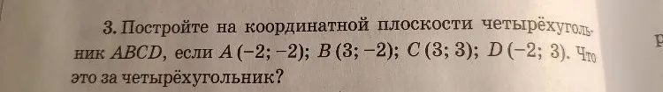 Постройте на координатной плоскости четырёхугольник ABCD, если A (-2; -2); B (3; -2); C (3; 3); D (-2; 3). Что это за четырёхугольник?