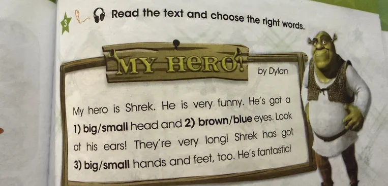 Read the text and choose the right words. MY HERO by Dylan. My hero is Shrek.