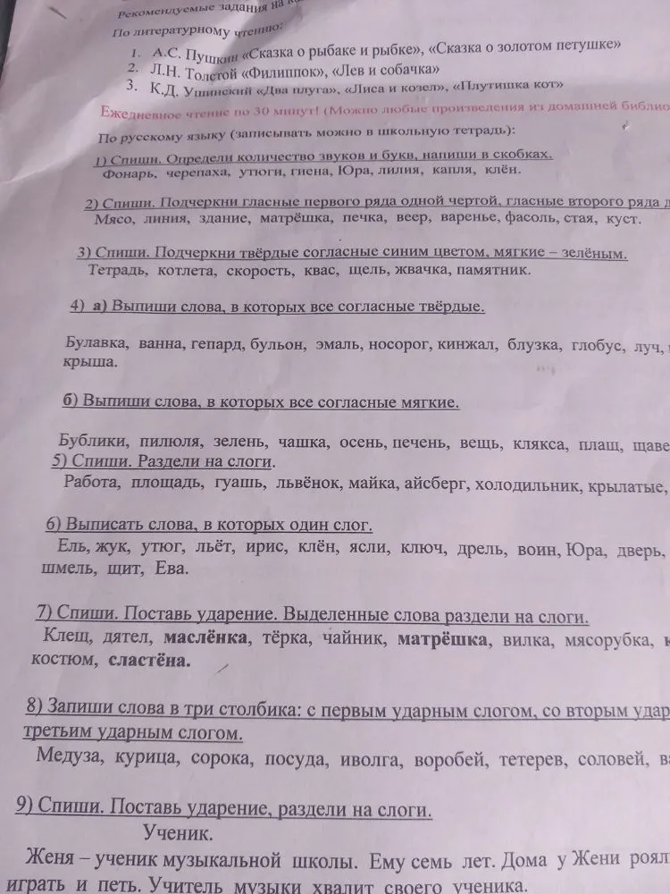 Выполнить задания по русскому языку: фонетический разбор, деление на слоги, ударение и классификация согласных.