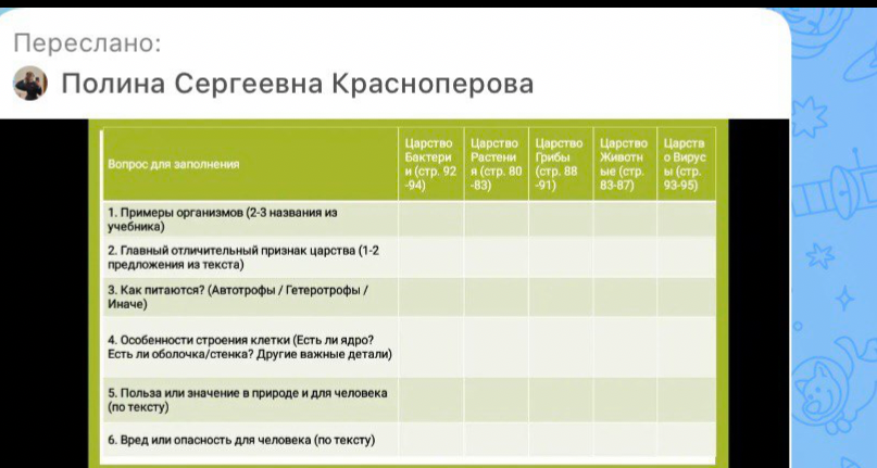 Заполните таблицу по царствам организмов (Бактерии, Растения, Грибы, Животные, Вирусы) по 6 пунктам сравнения.