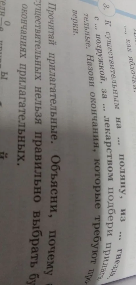 К существительным на ... поляну, из ... гнезда, с ... подружкой, за ... лекарством подбери прилагательные. Назови окончания, которые требуют проверки. Прочитай прилагательные. Объясни, почему у прилагательных нельзя правильно выбрать буквы в окончаниях без существительных.