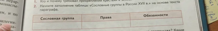 1. Кто и почему требовал прикрепления крестьян к земле? 2. Начните заполнение таблицы «Сословные группы в России XVII в.» на основе текста параграфа.