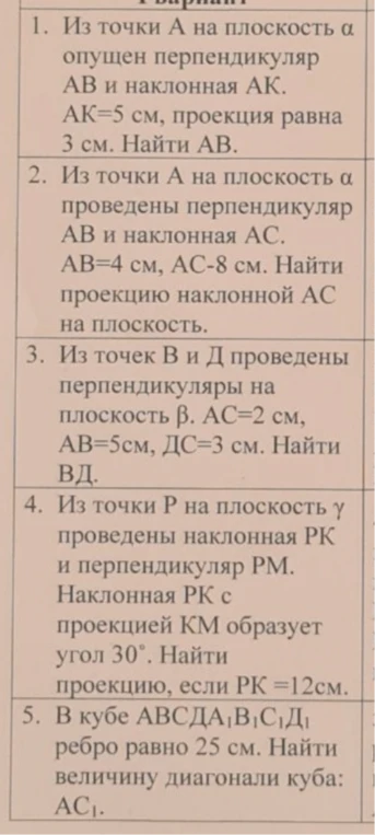 Из точки А на плоскость α опущен перпендикуляр АВ и наклонная АК. АК=5 см, проекция равна 3 см. Найти АВ.