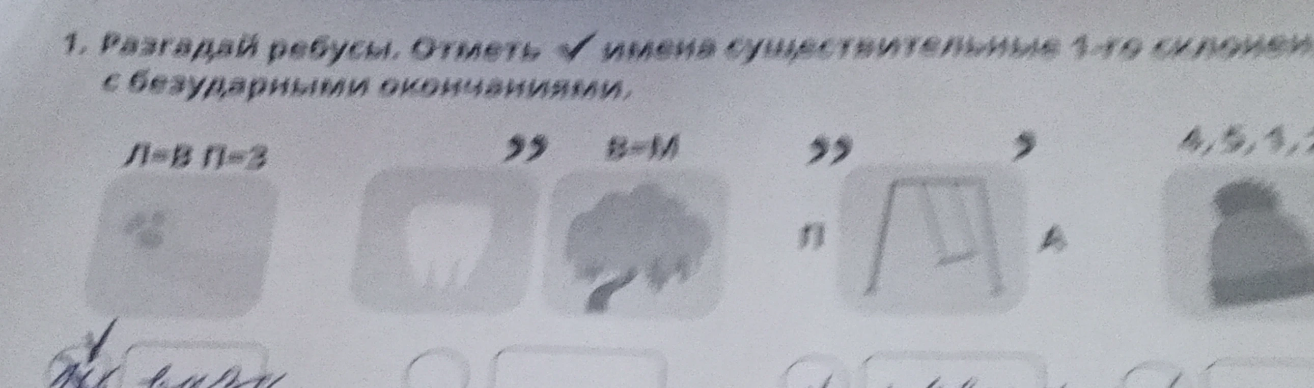 Разгадай ребусы. Отметь галочкой имена существительные 1-го склонения с безударными окончаниями.