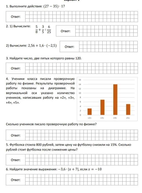 Выполните действия: (27 - 35) * 17; Вычислите 5/8 + 3/5 : 6/25; Найдите число, две пятых которого равны 120; Сколько учеников писало проверочную работу по физике?; Футболка стоила 800 рублей, затем цену на футболку снизили на 15%. Сколько рублей стоит футболка после снижения цены?; Найдите значение выражения: -3,6 * |x + 7|, если x = -10