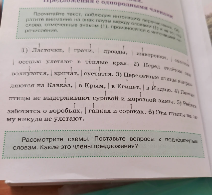 Прочитайте текст, соблюдая интонацию перечисления. Рассмотрите схемы. Поставьте вопросы к подчёркнутым словам. Какие это члены предложения?