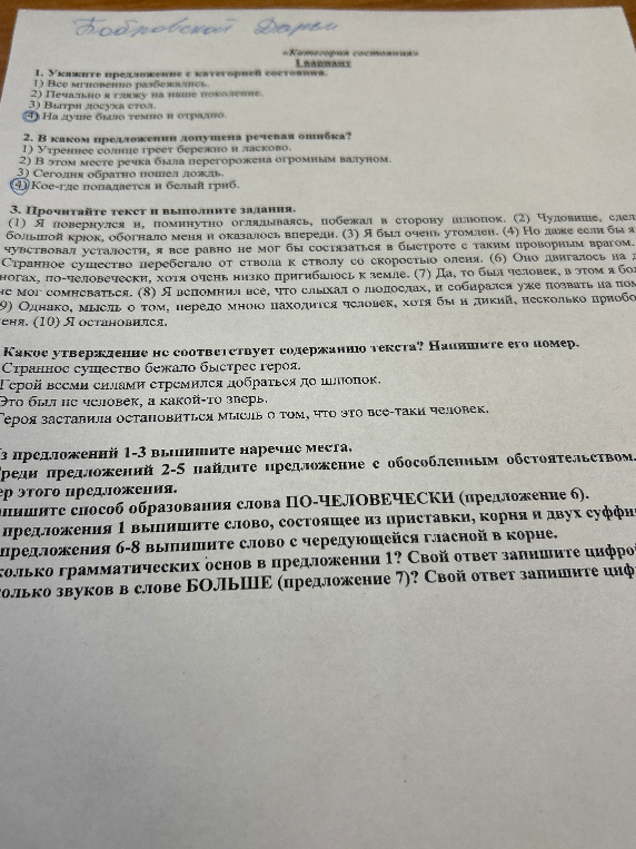 Выполните задания по тексту: укажите предложение с категорией состояния, найдите речевую ошибку, проведите анализ текста и грамматический разбор слов.