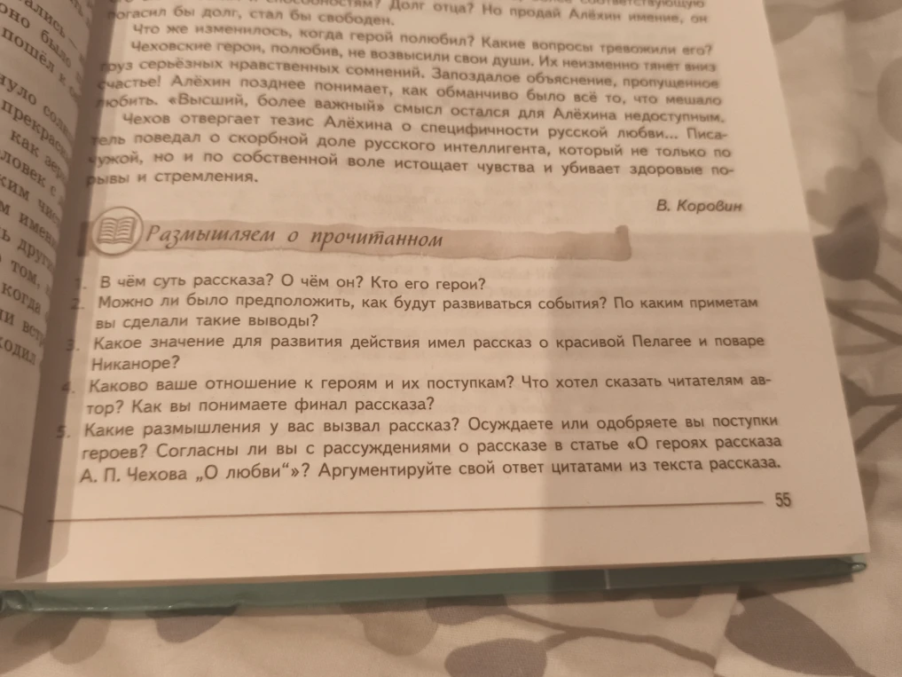 Ответьте на вопросы по рассказу А. П. Чехова «О любви» из раздела «Размышляем о прочитанном»