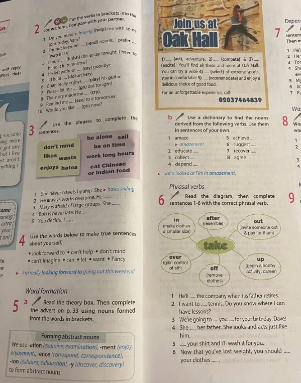 Read the theory box. Then complete the advert on p. 33 using nouns formed from the words in brackets; Read the diagram, then complete sentences 1-6 with the correct phrasal verb.