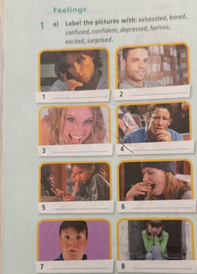 Label the pictures with: exhausted, bored, confused, confident, depressed, furious, excited, surprised.