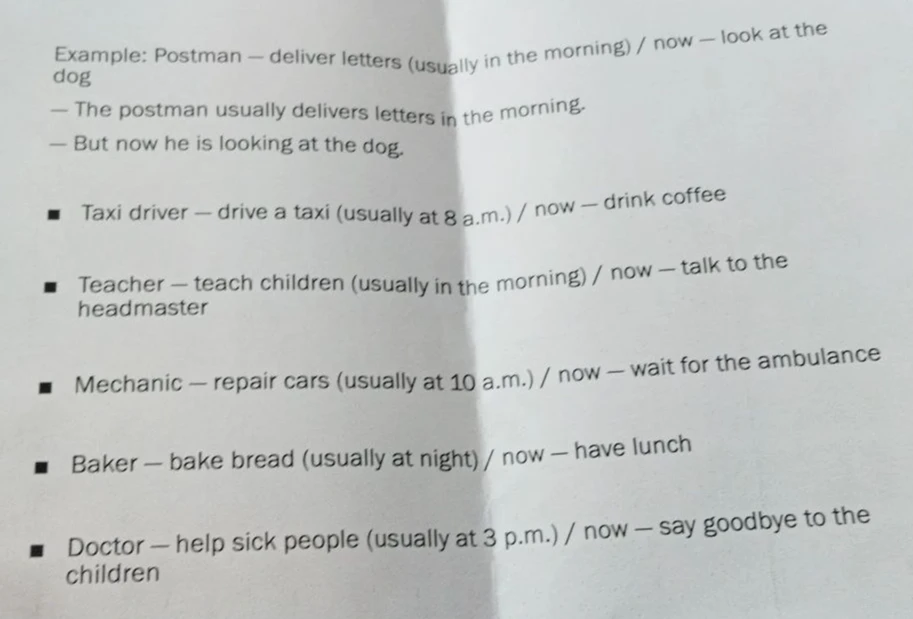 Составьте предложения по образцу: Taxi driver — drive a taxi (usually at 8 a.m.) / now — drink coffee