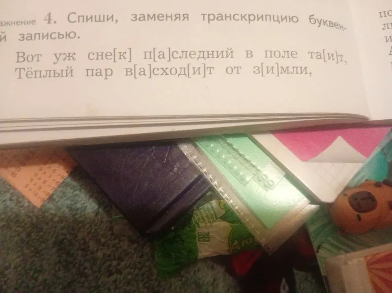 Спиши, заменяя транскрипцию буквенной записью. Вот уж сне[к] п[а]следний в поле та[и]т, Тёплый пар в[а]сход[и]т от з[и]мли