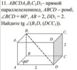 11. ABCDA1B1C1D1 - прямой параллелепипед, ABCD - ромб, ∠BCD = 60°, AB = 2, DD1 = 2. Найдите tg ∠(B1D, (DCC1)).