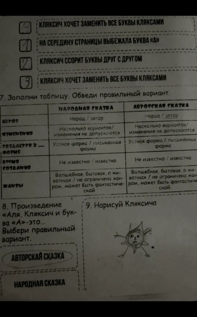 7. Заполни таблицу. Обведи правильный вариант. 8. Произведение «Аля, Кляксич и буква «А»» — это... Выбери правильный вариант.