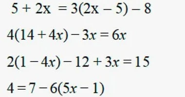 Решите уравнения: 1) 5 + 2x = 3(2x - 5) - 8; 2) 4(14 + 4x) - 3x = 6x; 3) 2(1 - 4x) - 12 + 3x = 15; 4) 4 = 7 - 6(5x - 1)