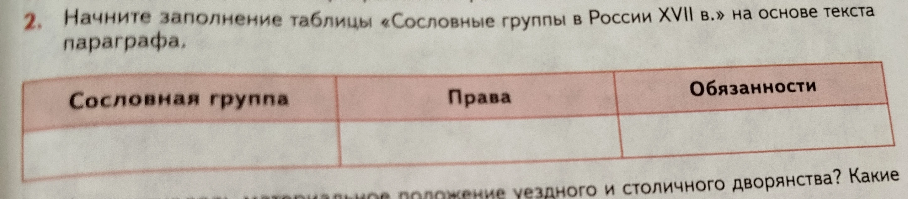 Начните заполнение таблицы «Сословные группы в России XVII в.» на основе текста параграфа.