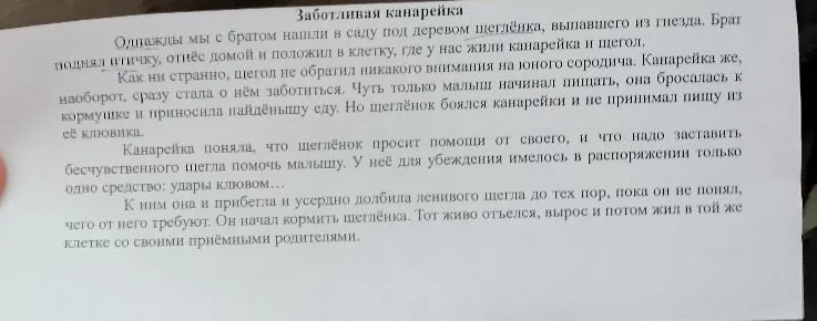 Напишите сжатое изложение текста «Заботливая канарейка» (6 предложений).