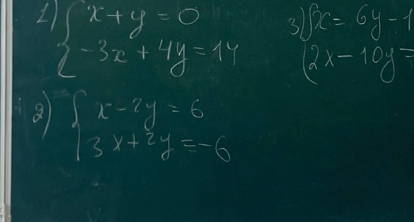 Решите системы уравнений: 1) x+y=0, -3x+4y=14; 2) x-2y=6, 3x+2y=-6