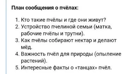 Подготовьте сообщение по плану: План сообщения о пчёлах