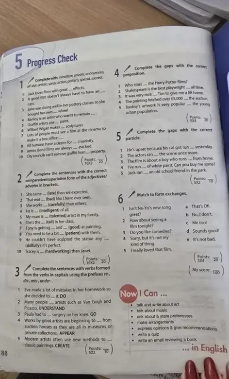 Progress Check 5: Complete tasks on vocabulary (art, films), grammar (comparative/superlative, prefixes), prepositions, phrasal verbs (run), and everyday English.