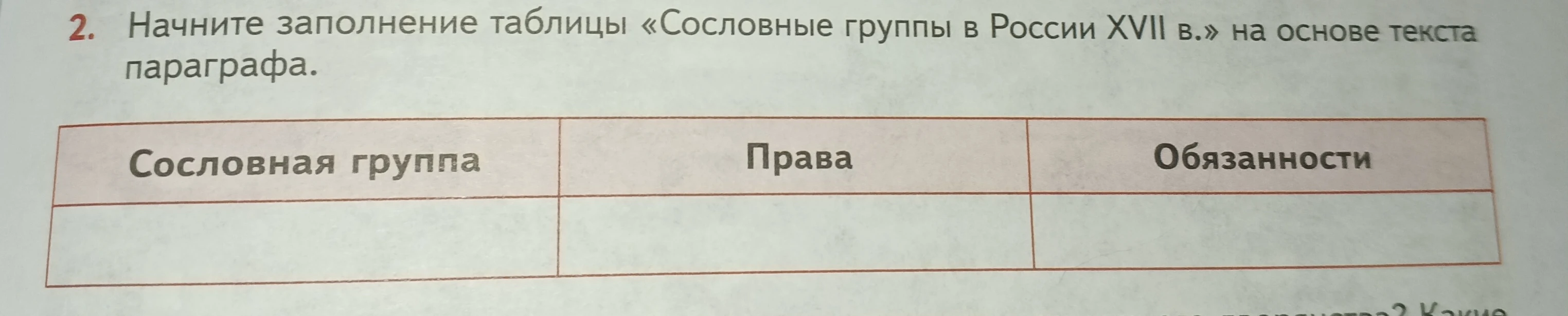 Начните заполнение таблицы «Сословные группы в России XVII в.» на основе текста параграфа.