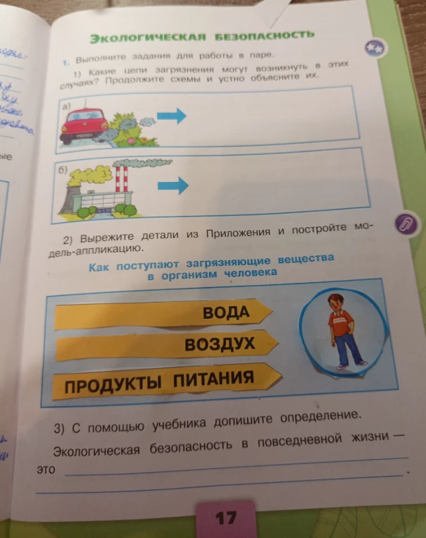 1) Какие цепи загрязнения могут возникнуть в этих случаях? Продолжите схемы и устно объясните их. 3) С помощью учебника допишите определение. Экологическая безопасность в повседневной жизни — это...
