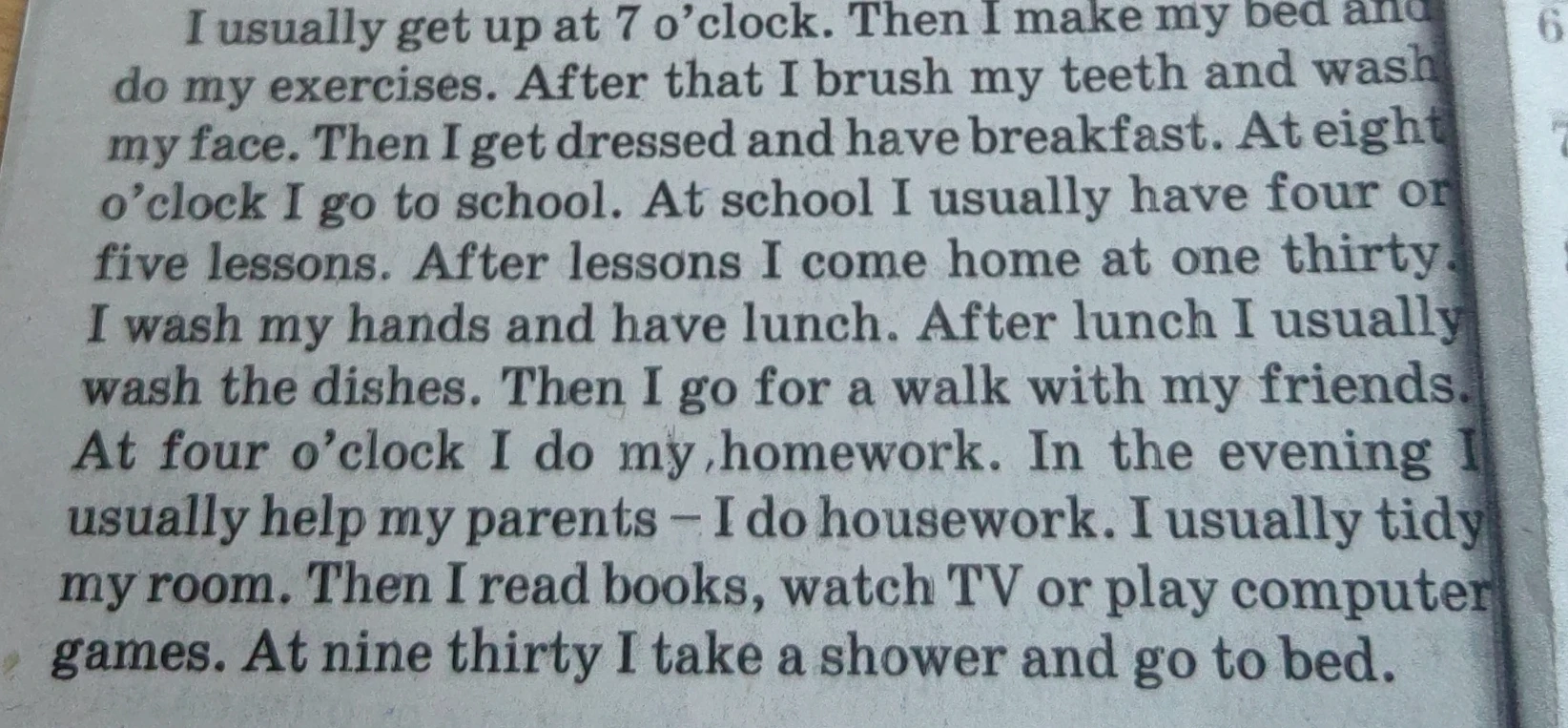 Переведите текст: I usually get up at 7 o'clock. Then I make my bed and do my exercises...