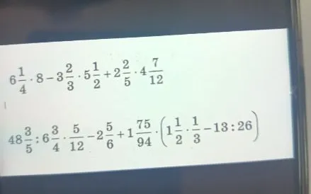 Вычислите: 6 1/4 * 8 - 3 2/3 * 5 1/2 + 2 2/5 * 4 7/12; 48 3/5 : 6 3/4 * 5/12 - 2 5/6 + 1 75/94 * (1 1/2 * 1/3 - 13 : 26)