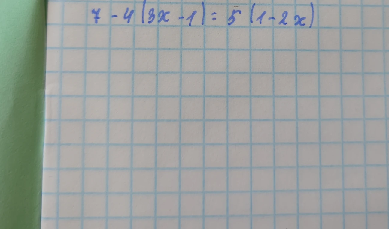Решите уравнение 7 - 4(3x - 1) = 5(1 - 2x)