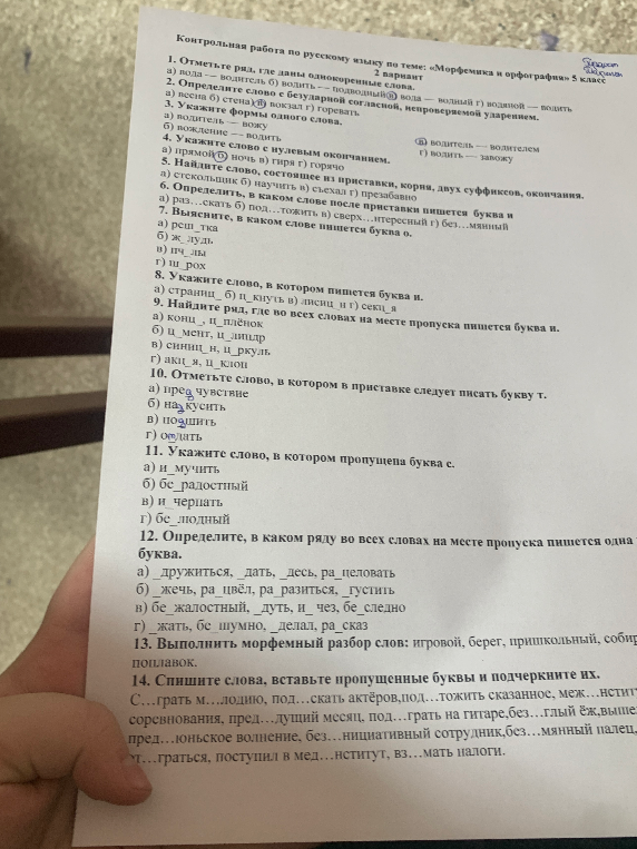 Контрольная работа по русскому языку по теме: «Морфемика и орфография» 5 класс 2 вариант