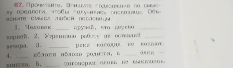 Прочитайте. Впишите подходящие по смыслу предлоги, чтобы получились пословицы. Объясните смысл любой пословицы.