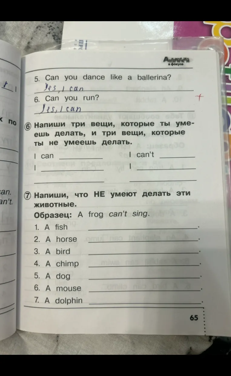 Напиши три вещи, которые ты умеешь делать, и три вещи, которые ты не умеешь делать; Напиши, что НЕ умеют делать эти животные.